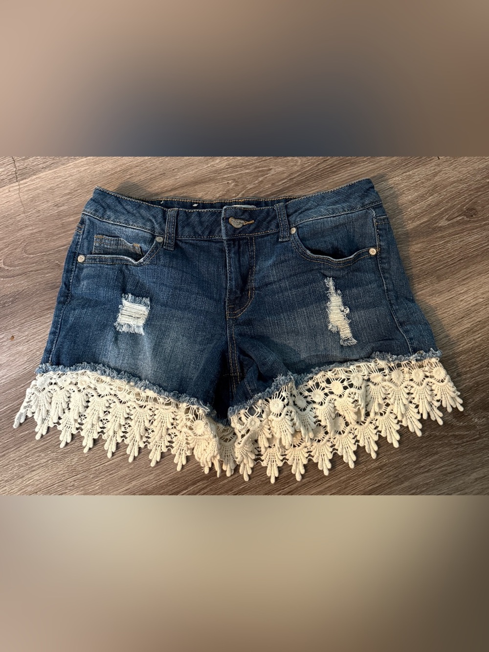 Altar'd State Distressed Denim Shorts Lace Trim Crochet Boho Cutoffs Size 28